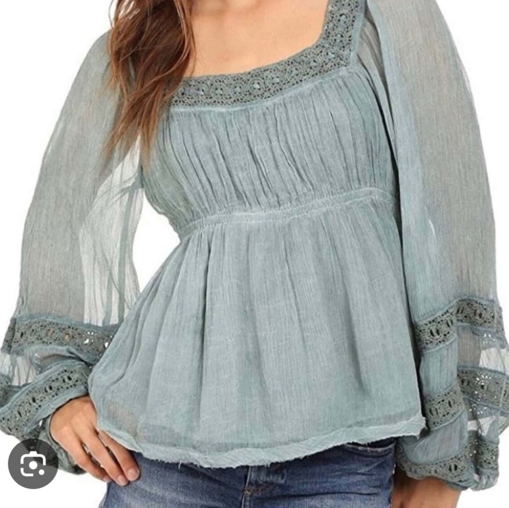 Free People Moonchaser Green Blue Puff Sleeve Top. Sz Small.
